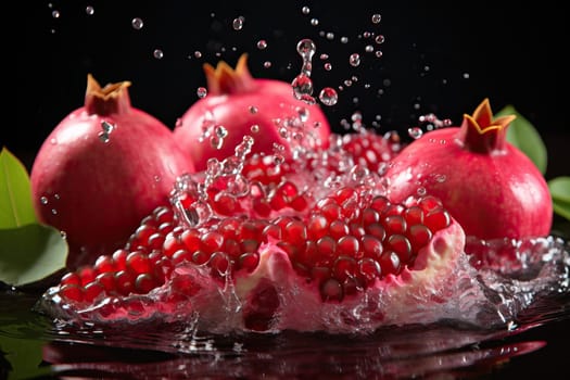 Water splash close-up with pomegranate close-up, fresh fruit in water.