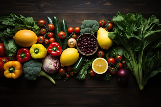 Healthy eating concept of fresh fruits and vegetables, top view of vegetables and fruits on background.