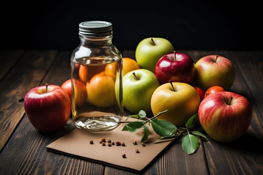 Apples on a wooden background with a blank sheet of paper and a can of juice, top view, sweet and vitamin apples, apple diet concept.
