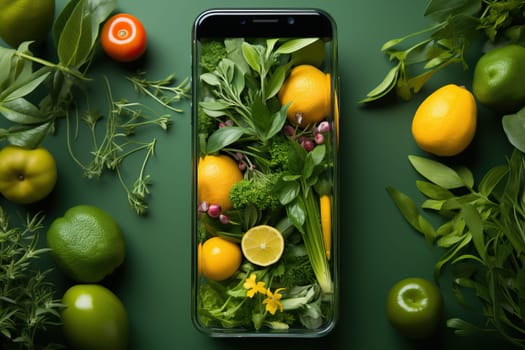 Smartphone fresh food, online food shopping app, fruit diet concept with phone.