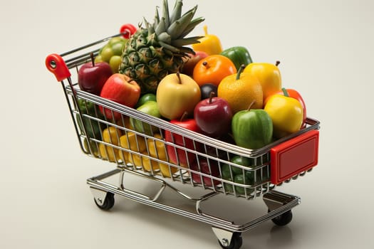 The concept of selling fruits in a supermarket trolley, different fruits in a basket.