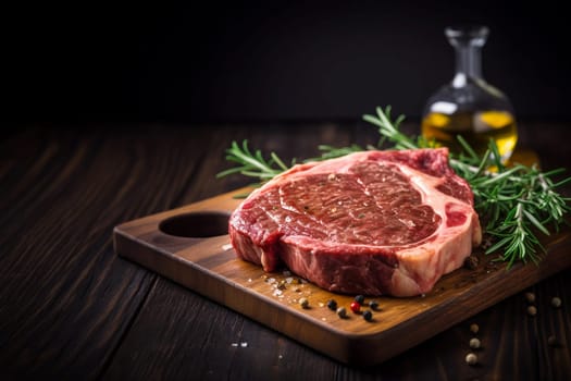 Raw fresh meat ribeye steak, pepper, salt and rosemary on wooden board. Olive oil in the background. Copy space on dark background.