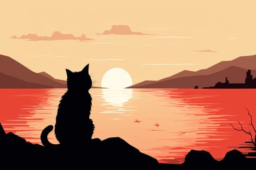 Silhouette of a Cute Black Kitten Sitting at Sunset on the Beach, with Water and Sky as the Background
