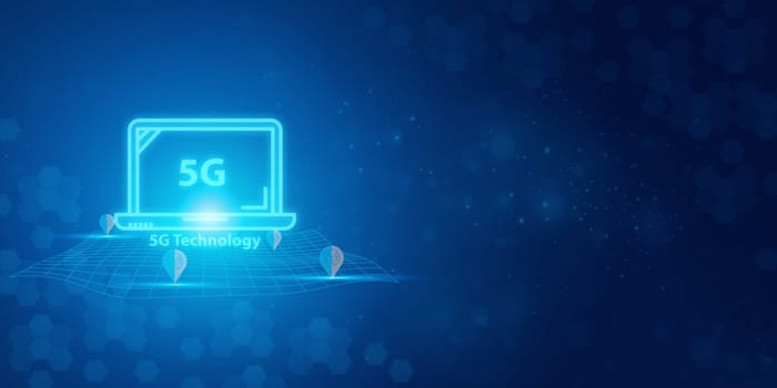 Futuristic blue 5G text and abstract technology background. Artificial intelligence digital transformation and Business quantum internet network communication and Antivirus.