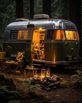 A camper van with a wooden table and chairs in front of it. Decorative incandescent lamps on the street. Summer, pine forest. Rest with the whole family in the country, fun trips in the fresh air. . High quality photo