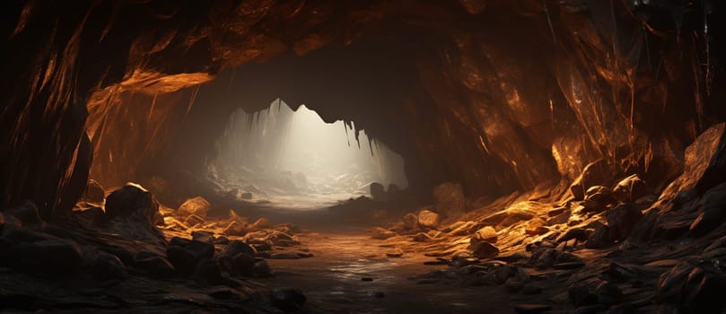 Underground, molten lava cave. Digital art. Deep cavern. High quality photo
