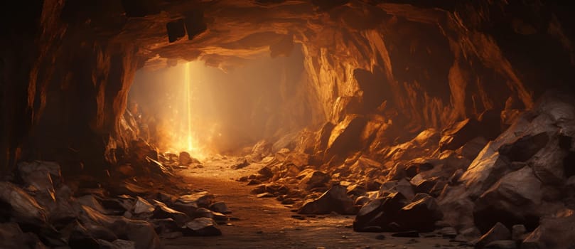 Underground, molten lava cave. Digital art. Deep cavern. High quality photo