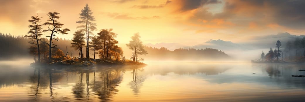 Fall. A foggy morning during dawn. Autumn trees on the river bank. Mountains and forest. Reflections on the surface of the lake. . High quality photo