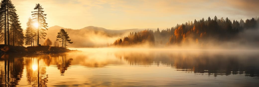 Fall. A foggy morning during dawn. Autumn trees on the river bank. Mountains and forest. Reflections on the surface of the lake. . High quality photo