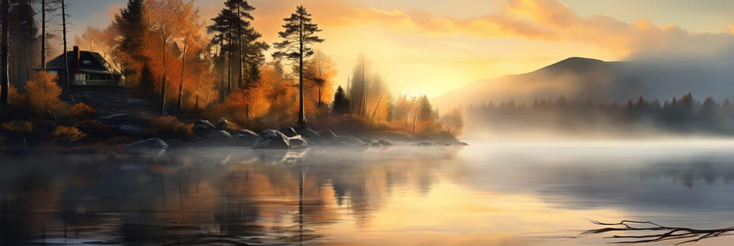 Fall. A foggy morning during dawn. Autumn trees on the river bank. Mountains and forest. Reflections on the surface of the lake. . High quality photo