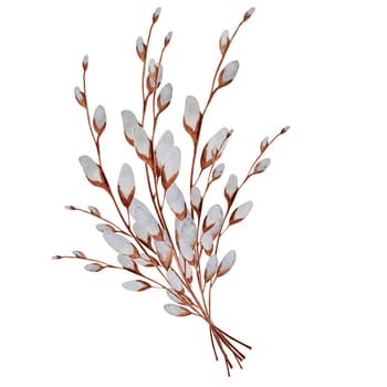 Watercolor willow branches in an Easter bouquet on an isolated white background. Decorative elegant elements for the design of cards, banners and invitations. Hand drawing. Spring blooming flowers. High quality illustration. High quality illustration