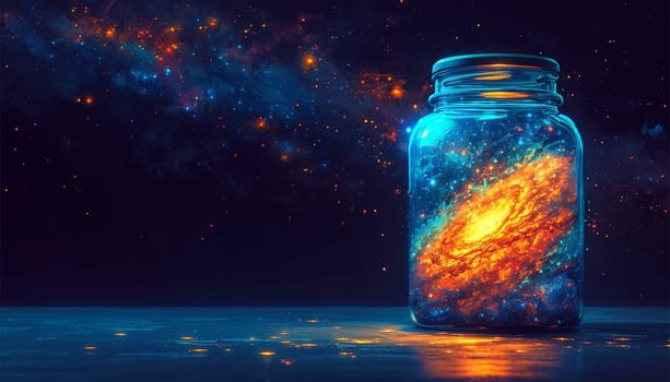 Universe galaxy in a jar with dark backgrounds. Colorful space with stars milky way at night. Copy space Space for text