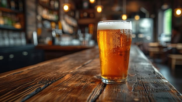 Glass of beer on wooden table. Blurred background with space for text, copyspace, banner...