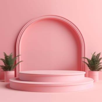 3D podium render of pink geometric round background with plant in pots. Bright pastel pink podium or pedestal backdrop.