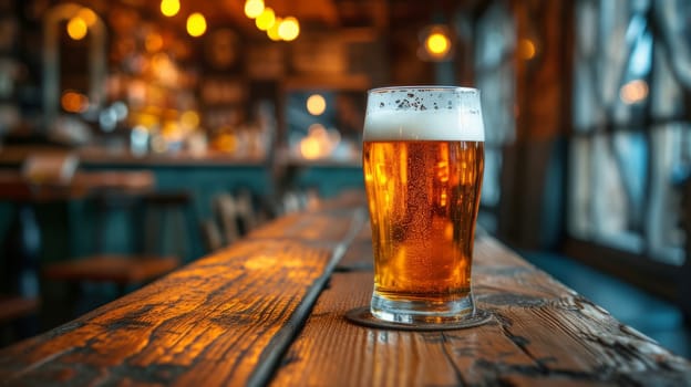 Glass of beer on wooden table. Blurred background with space for text, copyspace, banner.