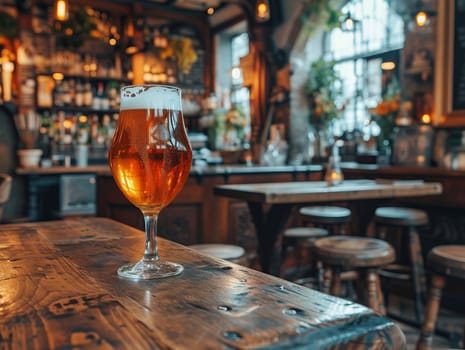 Glass of beer on wooden table. Blurred background with space for text, copyspace, banner.