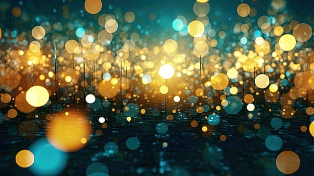 Abstract blue background with bokeh, sparkles and golden lights. Generated AI