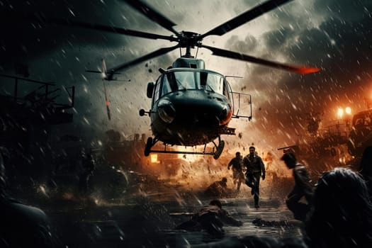 Action shot with helicopter flying in the air. Dynamic scene in action movie blockbuster style. Generated AI.