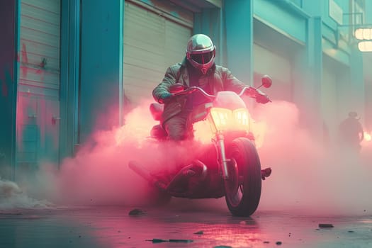 Futuristic post-apocalypse action scene with hero in sci-fi style. Vaporwave surreal shot with pink and blue smoke. Generated AI