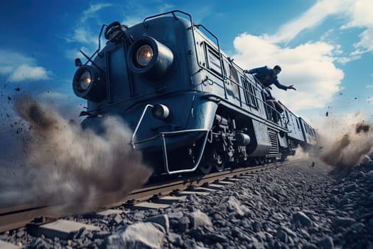 Action shot with man jumping off the train. Dynamic scene with railway carriage in action movie blockbuster style. Generated AI
