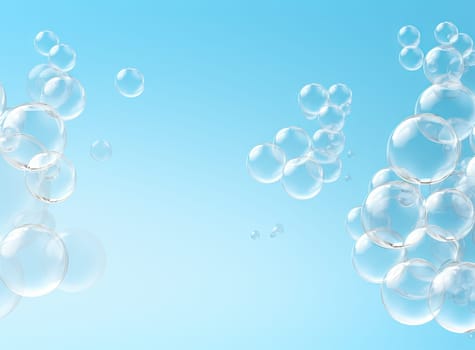 Soaring bubbles on blue background. Abstract soap bubbles floating background. Generated AI