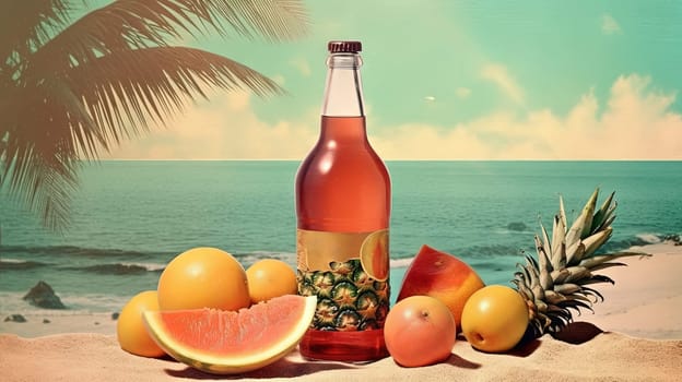 Bottle with fruit water or alcohol in the sand of the beach. Vacation scene with lemonade bottle on the shore line. Generative AI