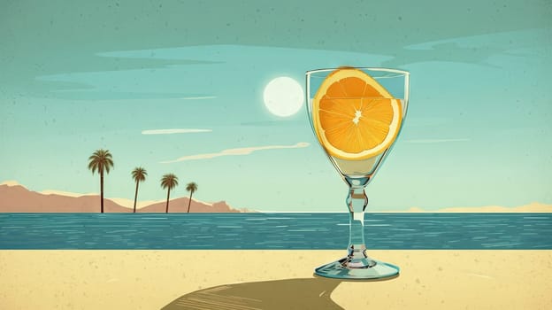 Glass with lemon water in the sand of the beach. Vacation scene with lemonade glass on the shore line. Generative AI.