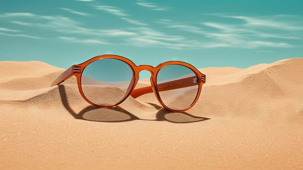 Glasses in the sand of the beach. Vacation scene with sunglass on the shore line. Generative AI