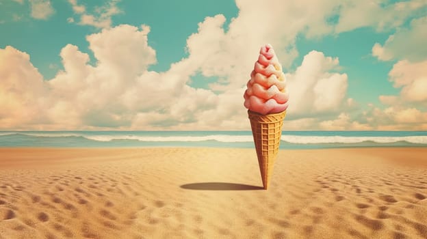 Ice cream cone in the sand of the beach. Vacation scene with ice cream on the shore line. Generative AI