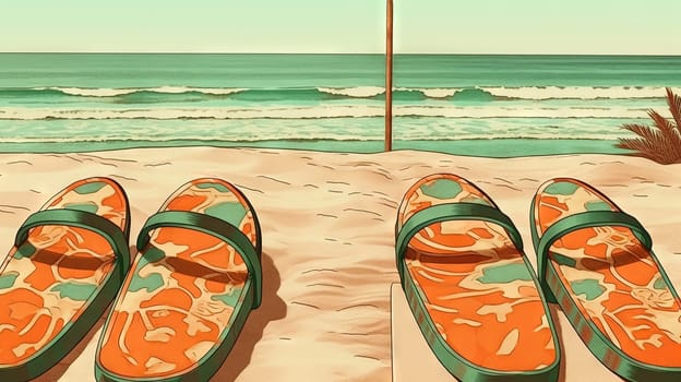 Flip flop sandals on the sandy beach in nostalgic card style. Retro vacation postcard with slippers on the coast. Generated AI