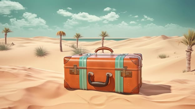 Suitcase in the sand of the beach. Vacation scene with travel case on the shore line. Generative AI