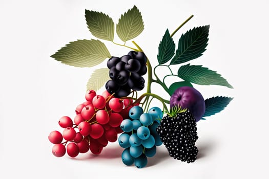 Various berries composition with leaves on white background. Juicy berries laying. Generated AI