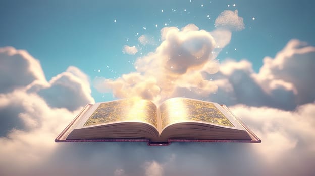 Open book with wisdow and knownedge on the pages. Education or religion concept in literature. Generated AI