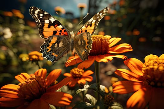 Butterfly on the colorful flowers and plants. Calm nature scene with dreamy colors. Generated AI