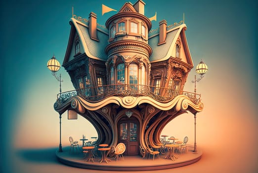 Surrealistic cafe in dreamlike fairytale art nouveau style. Surreal caffeteria in vintage style. Generated AI