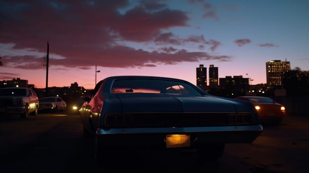 Vintage muscle car parked on the street at night. 80s styled synthwave retro scene with powerful drive in evening. Generated AI