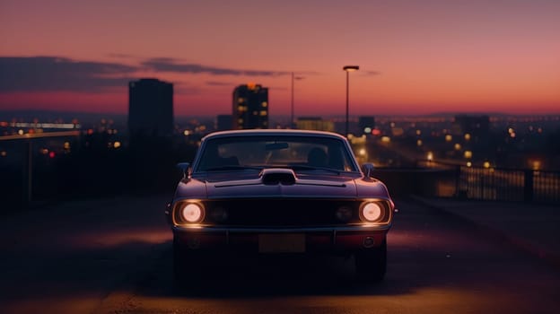 Vintage muscle car parked on the street at night. 80s styled synthwave retro scene with powerful drive in evening. Generated AI
