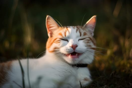 Funny cat laughing. Happy and kind relaxed kitten face with happy satisfied smile