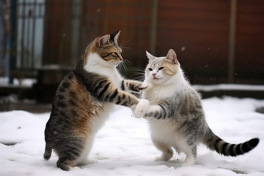Cat playing in the snow in winter season. Cute kitten having fun with white snow. Generated AI