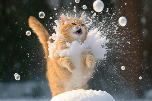 Cat smacked by snowball. Cute kitten with surprised and angry face, hit by snow during winter game. Generated AI