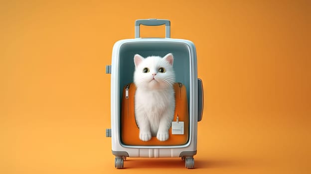 Cute white cat sitting in the suitcase. Sweet fluffy kitten is ready to travel. Generated AI