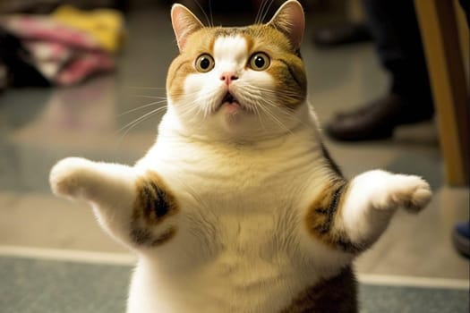 Funny surprised cat with a questioning pose. A cute kitten asks in surprise where the treats are. Generated AI
