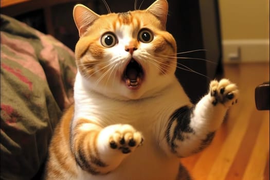 Funny surprised cat with a questioning pose. A cute kitten asks in surprise where the treats are. Generated AI