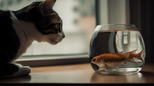 Cute cat watching the fish. Funny kitten sniffing the fish. Generated AI