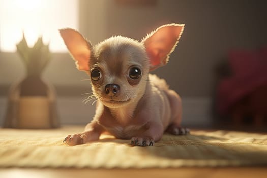 Tiny dog portrait. Cute fluffy puppy with big eyes. Generated AI