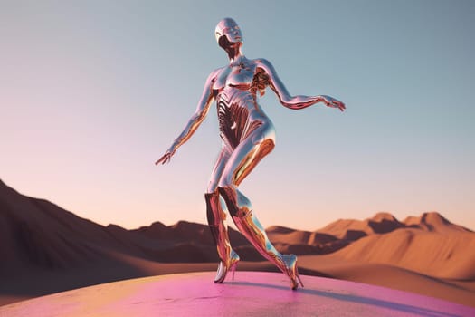 Crome robot woman dancing in the desert. Artificial intelligence rise and shiny. Mechanical beauty. Generated AI