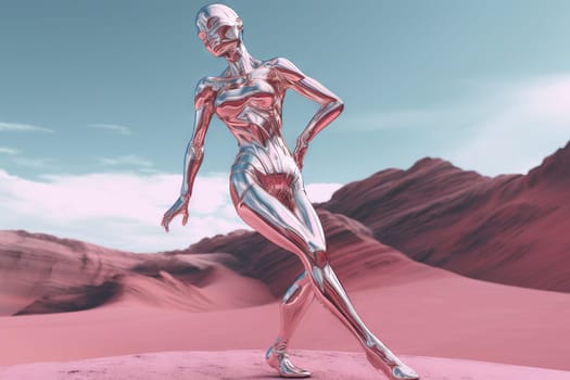 Crome robot woman dancing in the desert. Artificial intelligence rise and shiny. Mechanical beauty. Generated AI