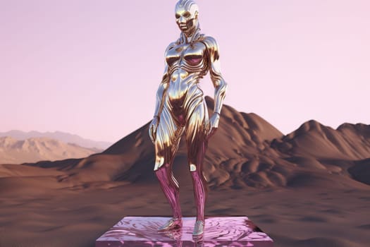 Crome robot woman standing in the desert. Artificial intelligence rise and shiny. Mechanical beauty. Generated AI