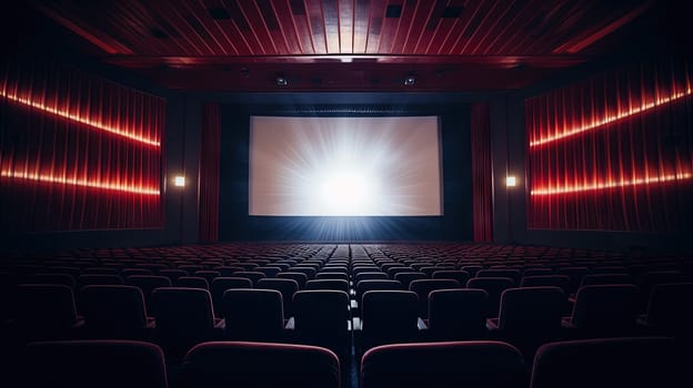 Cinema interior with seats and white screen. Movie theater room with chairs. Generated AI