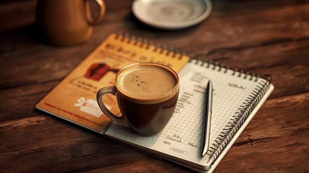 Cup of coffee and notepad with pen composition, top view. Generated AI
